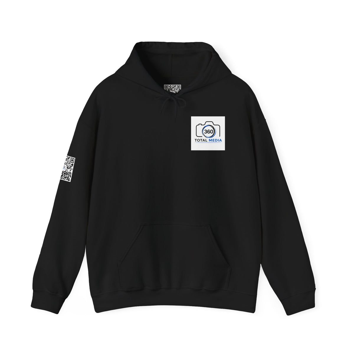 Camera Logo Hoodie with QR Sleeve — White Photography Crew Sweatshirt