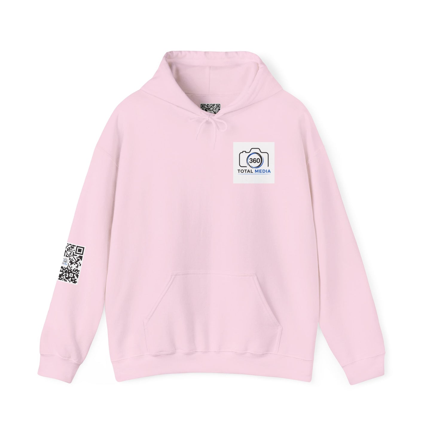 Camera Logo Hoodie with QR Sleeve — White Photography Crew Sweatshirt