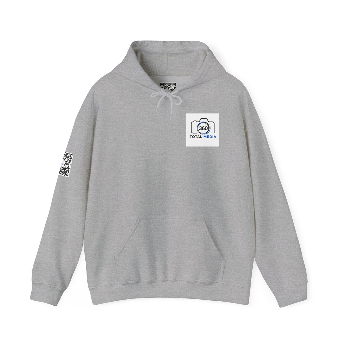 Camera Logo Hoodie with QR Sleeve — White Photography Crew Sweatshirt