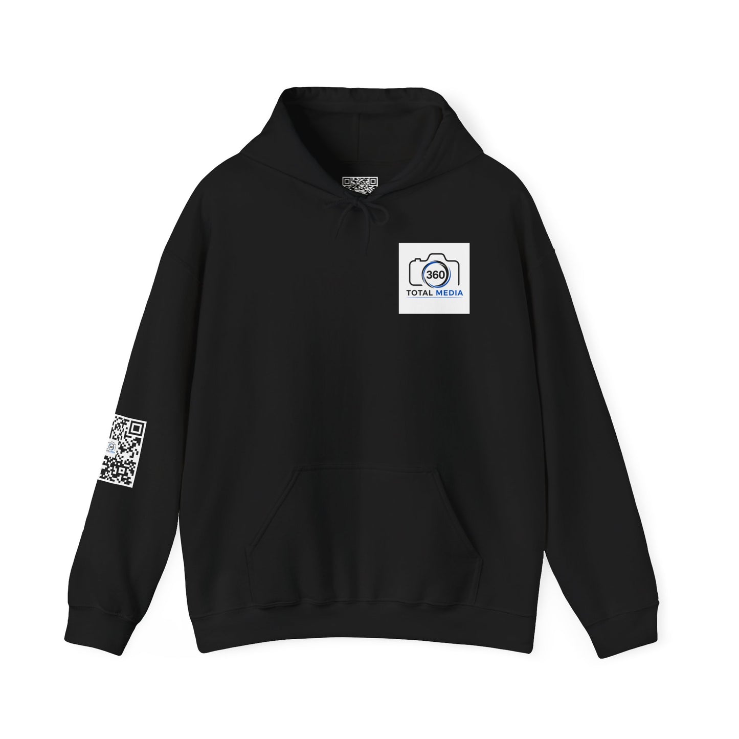 Camera Logo Hoodie with QR Sleeve — White Photography Crew Sweatshirt
