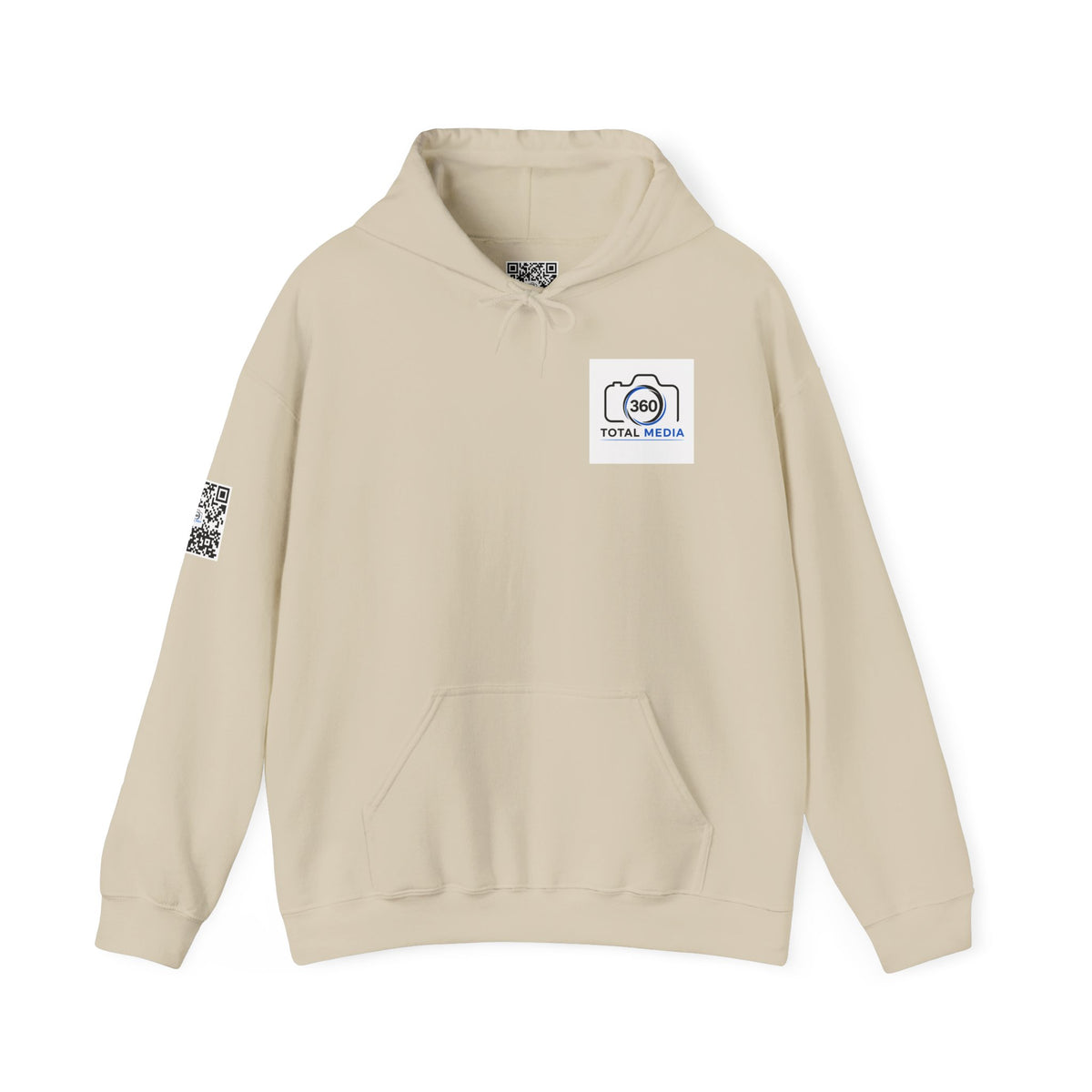 Camera Logo Hoodie with QR Sleeve — White Photography Crew Sweatshirt