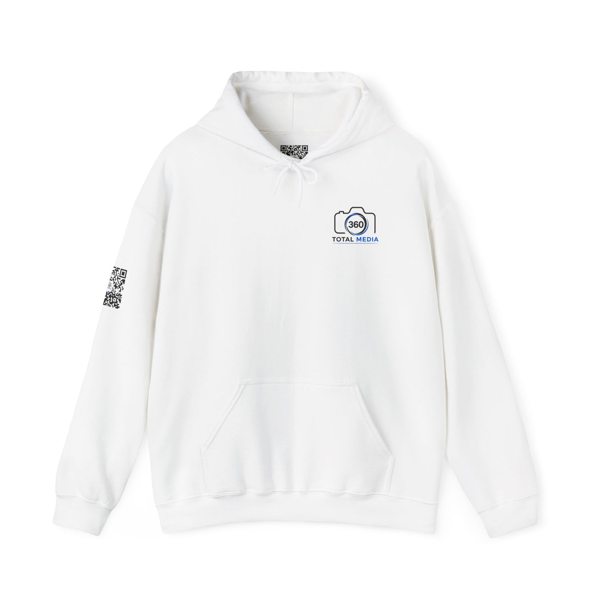 Camera Logo Hoodie with QR Sleeve — White Photography Crew Sweatshirt