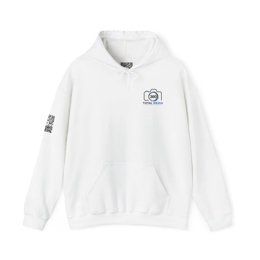 Camera Logo Hoodie with QR Sleeve — White Photography Crew Sweatshirt