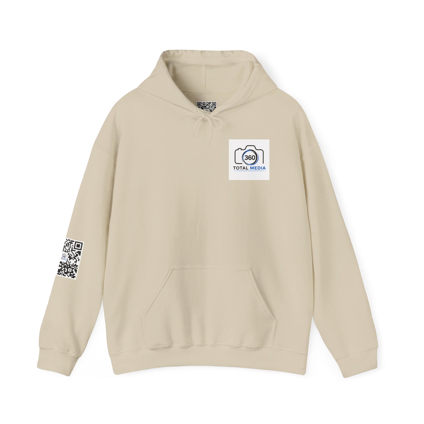 Camera Logo Hoodie with QR Sleeve — White Photography Crew Sweatshirt