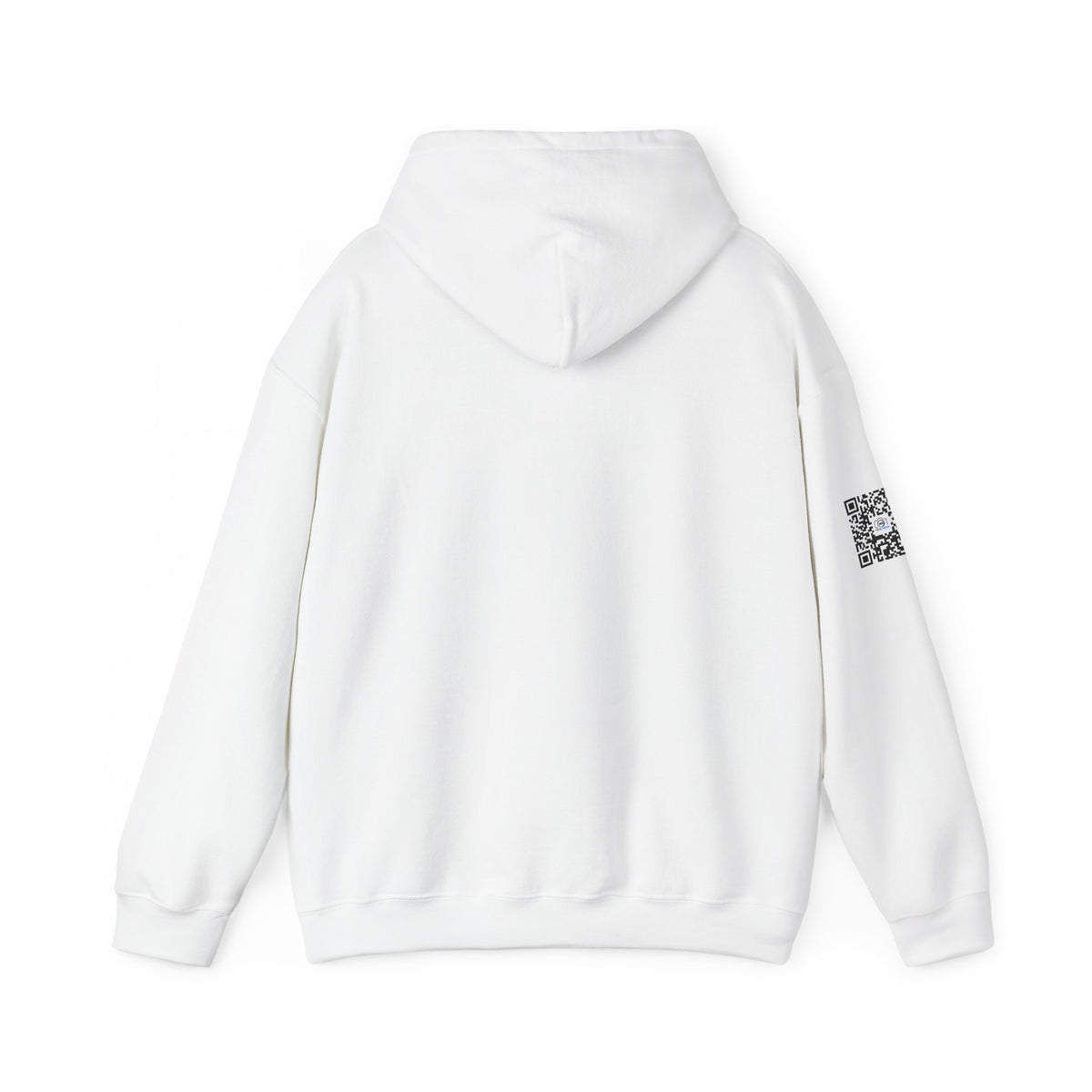 Camera Logo Hoodie with QR Sleeve — White Photography Crew Sweatshirt