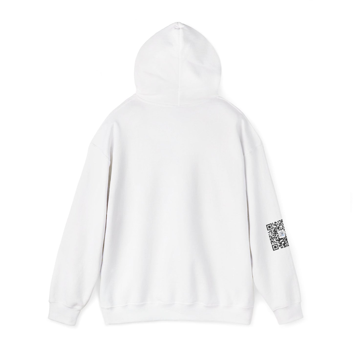 Camera Logo Hoodie with QR Sleeve — White Photography Crew Sweatshirt