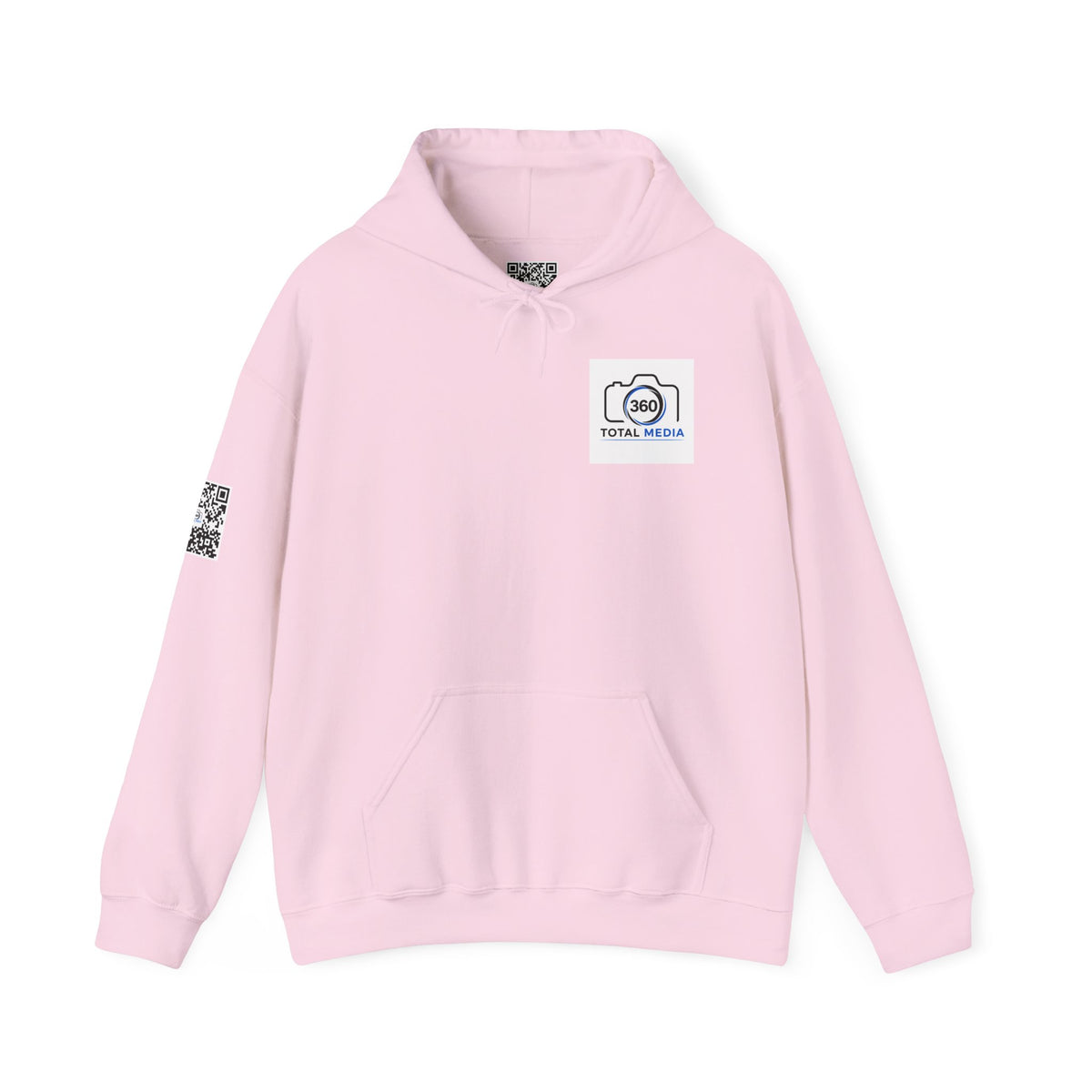 Camera Logo Hoodie with QR Sleeve — White Photography Crew Sweatshirt