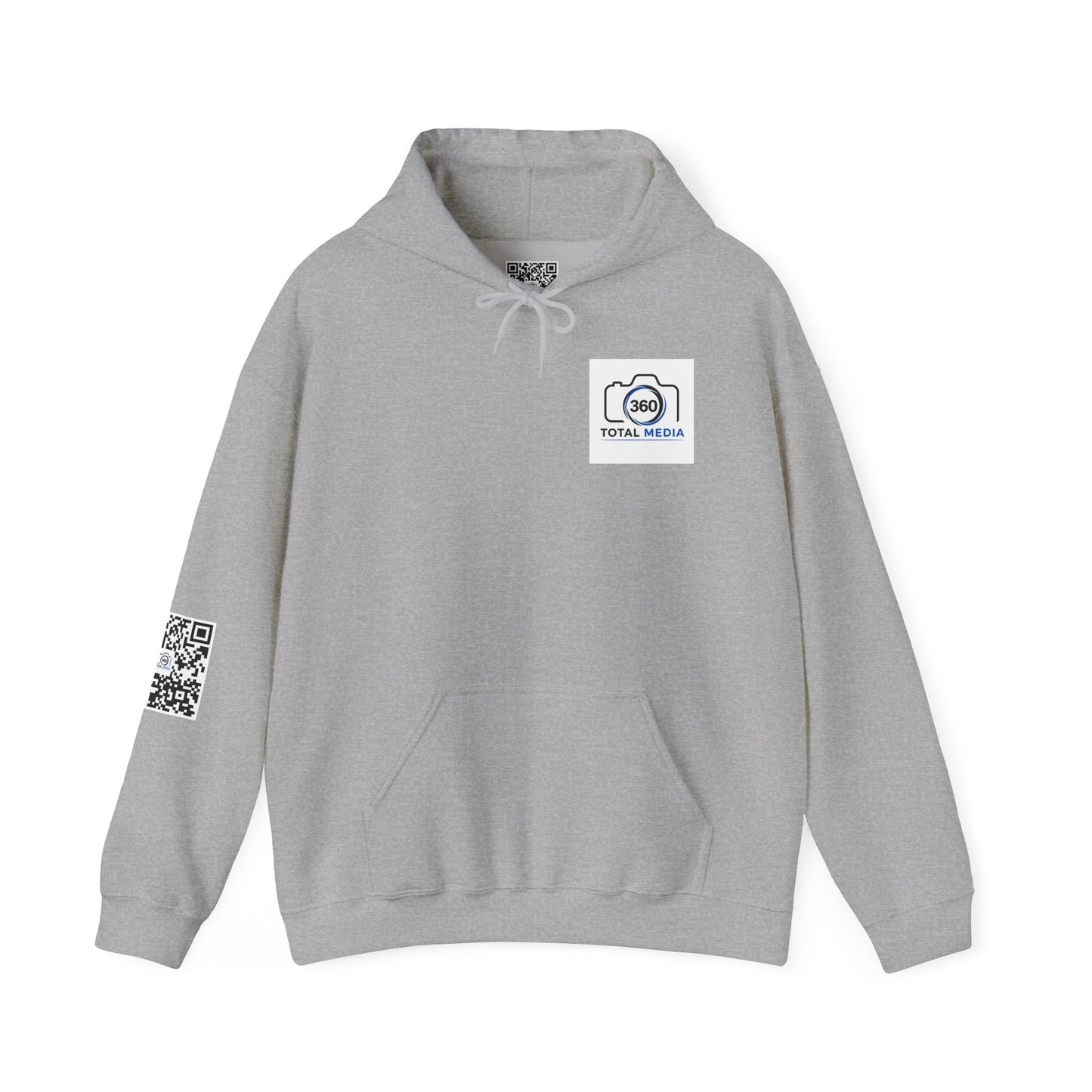 Camera Logo Hoodie with QR Sleeve — White Photography Crew Sweatshirt