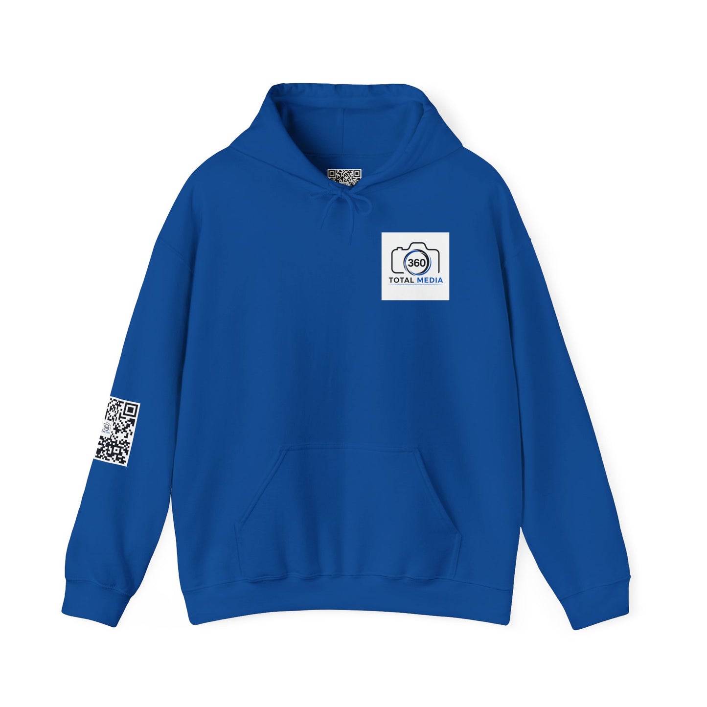 Camera Logo Hoodie with QR Sleeve — White Photography Crew Sweatshirt