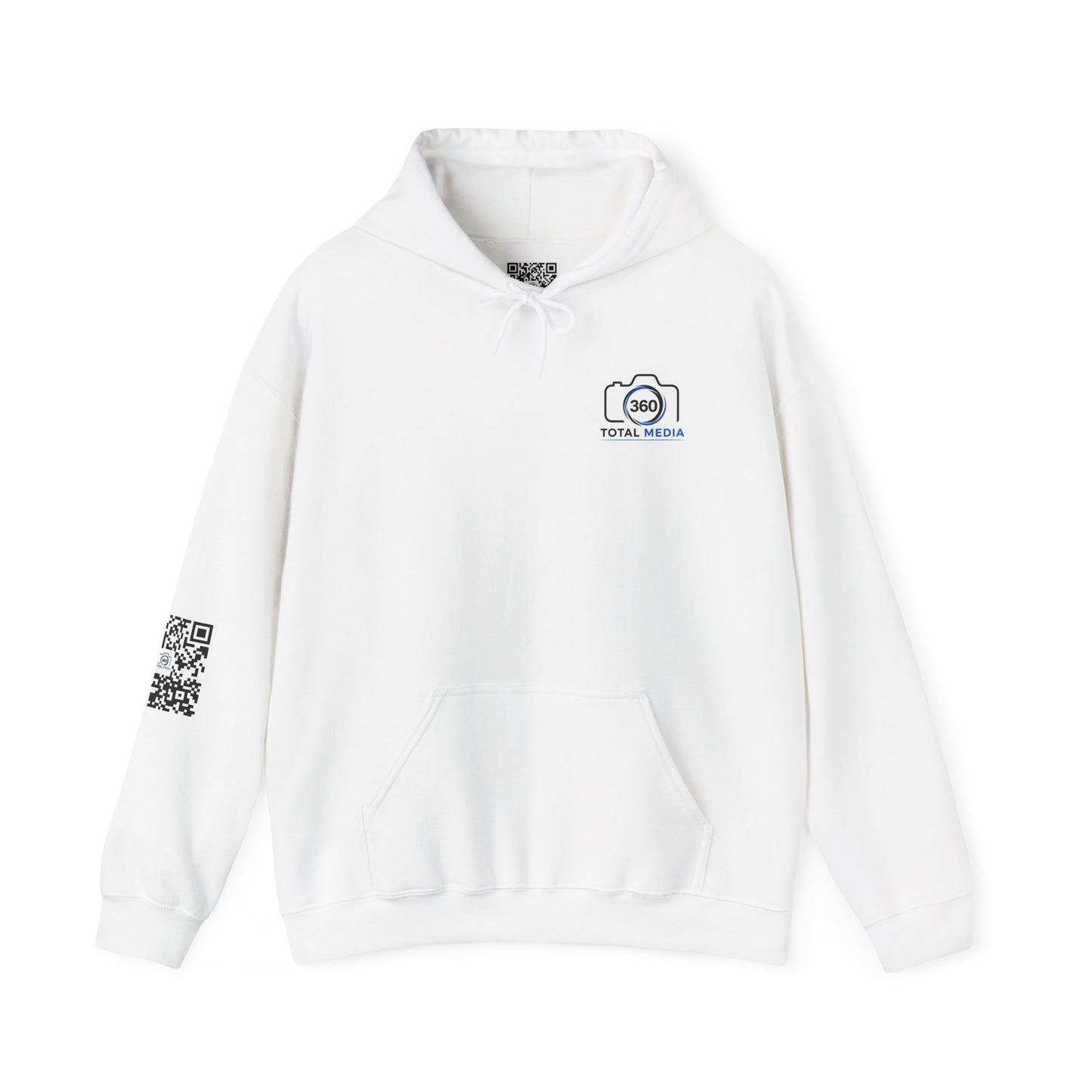 Camera Logo Hoodie with QR Sleeve — White Photography Crew Sweatshirt